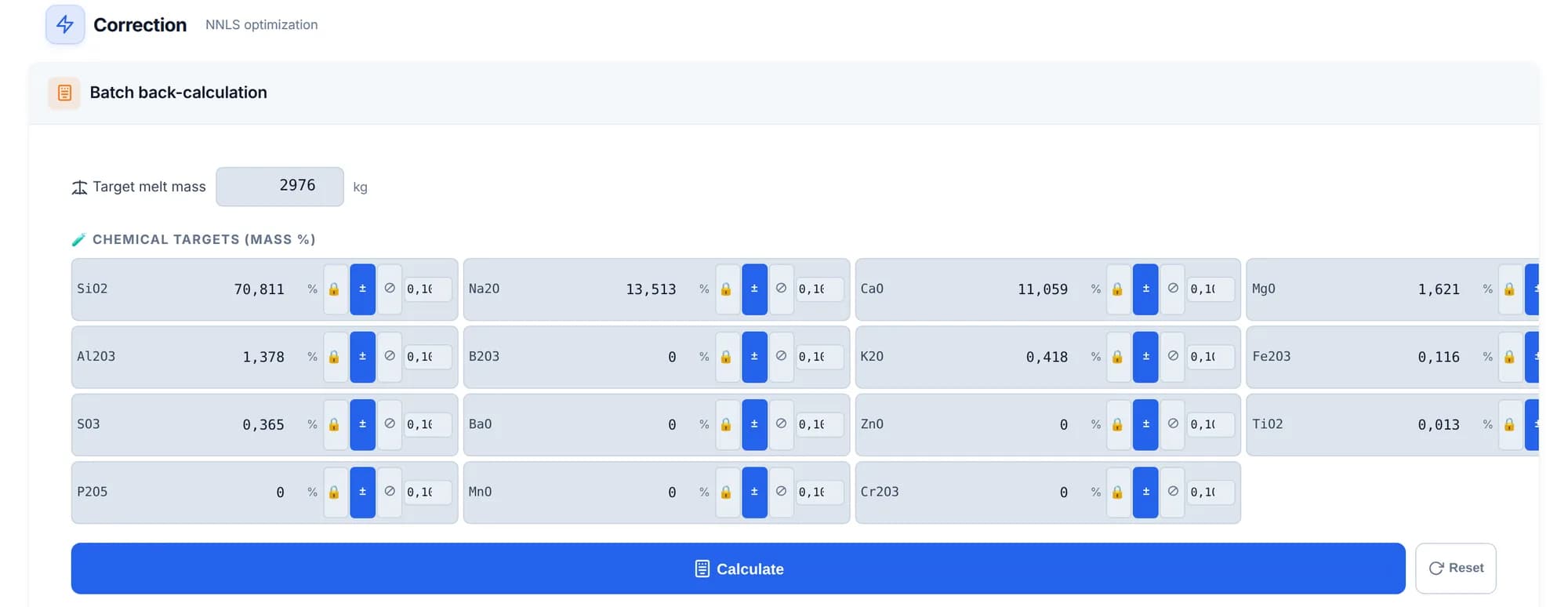 Correction view with target values per oxide and a calculate button