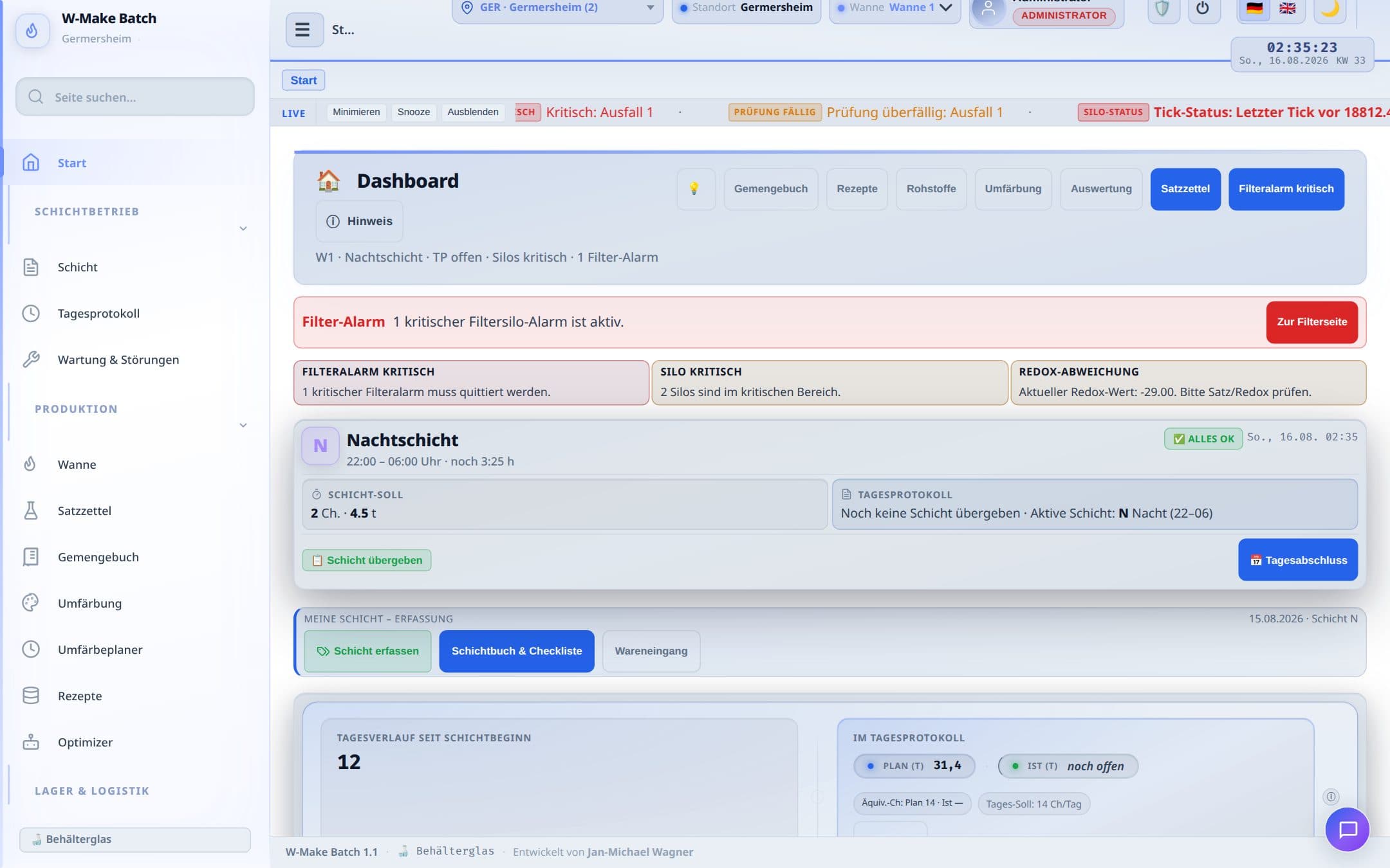 Dashboard: Schicht, Alarme und der Weg in Satzzettel und Protokoll.