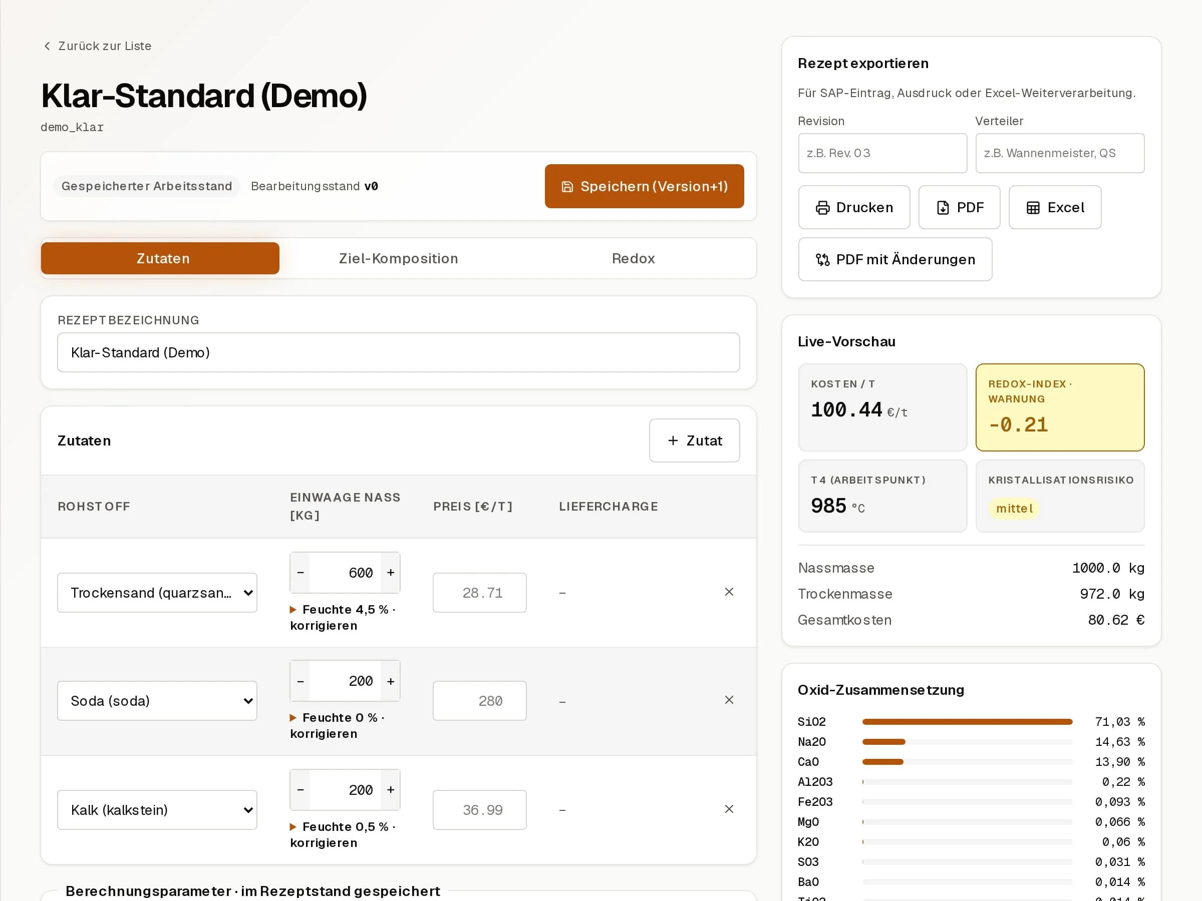 The recipe workbench: demo recipe „Klar-Standard (Demo)“ with ingredients, oxide balance, costs and redox.